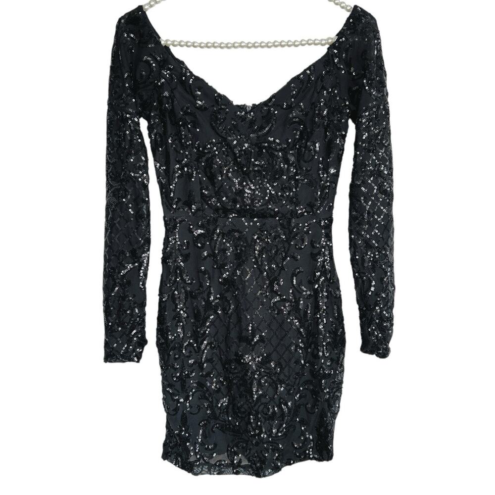 Fairy Goth Witchy Bodycon Sequin Mini Dress Womens XS L/S NYE Party Glam HOCO